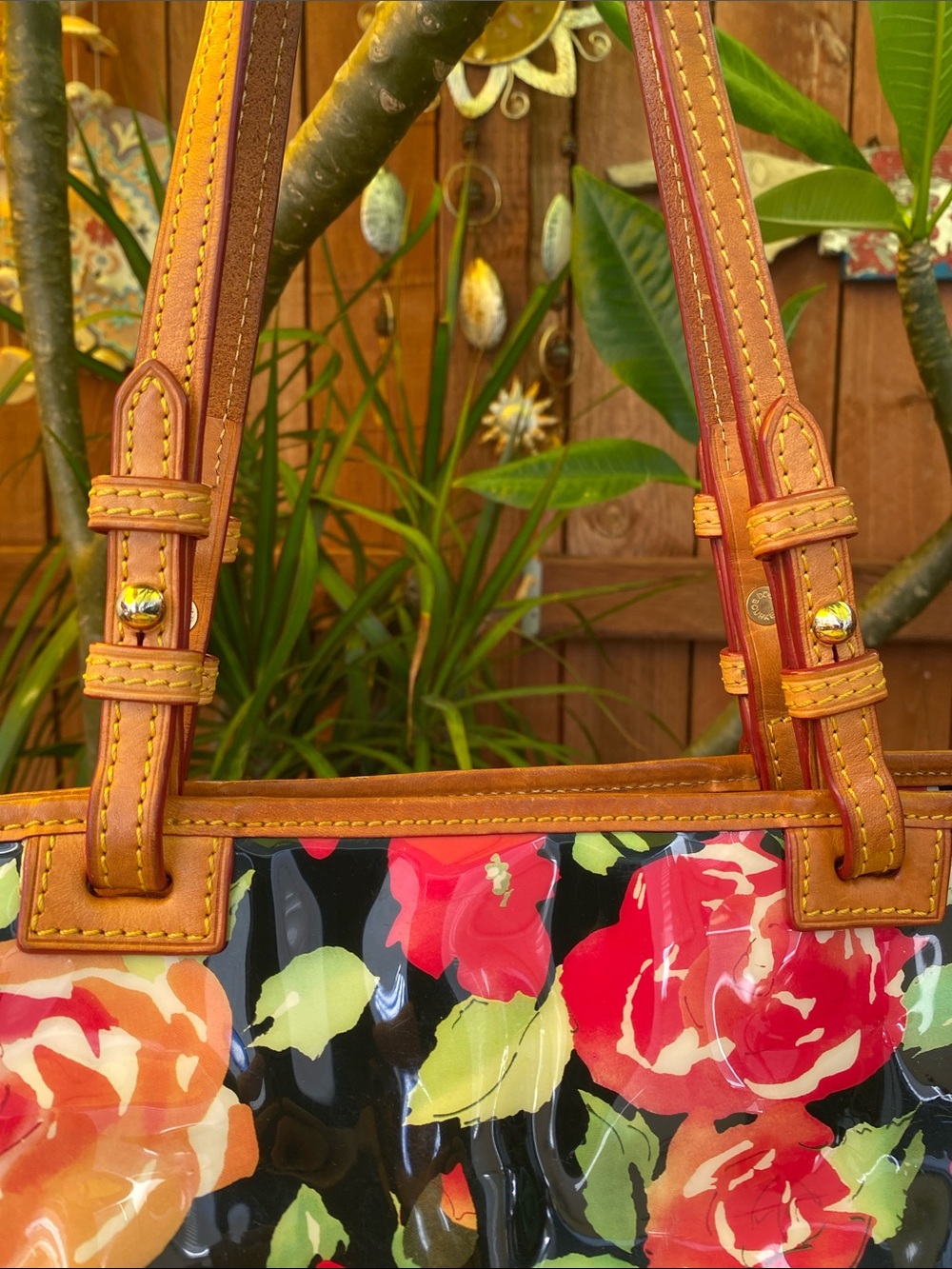 Dooney & Bourke Black Floral Coated Tote with Tan Leather Handles - Picture 7 of 16